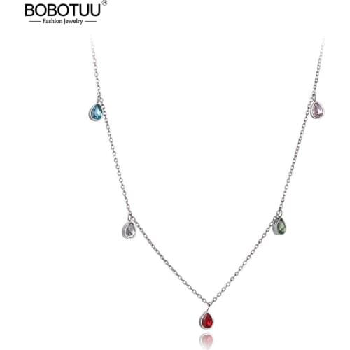 BOBOTUU New Bohemia Titanium Stainless Steel Colorful CZ Crystal Charm Choker Necklace Beach Pendant Necklace For Women BN19181