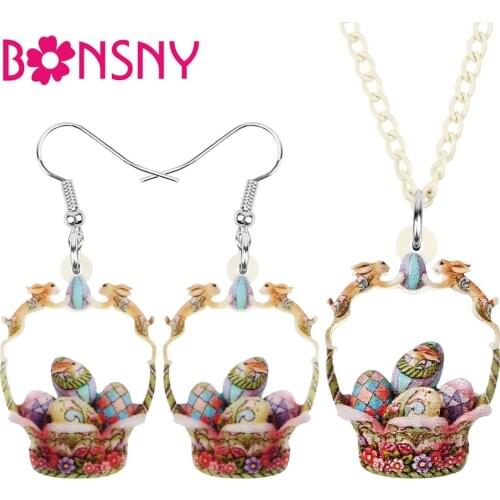 Bonsny Acrylic Sweet Rabbit Basket Floral Eggs Jewelry Sets Earrings Necklace For Women Teens Kids Birthday Gift Charm Accessory