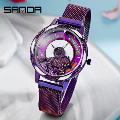 SANDA Fashion Luxury Women Watch Lovely Horse Decoration Rotating Dial Life Waterproof Quartz Movement Relogio Feminino 1024