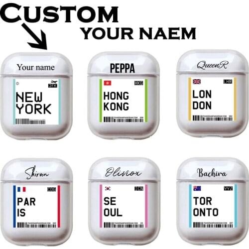 Custom Name tourist Air tickets case for Apple Airpods 2 1 New York Seoul London Label Bar code Earphone Clear hard PC Cover hot