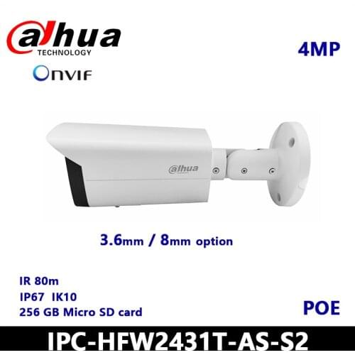 Dahua Bullet Camera 4MP IP Camera IPC-HFW2431T-AS-S2 Fixed-focal Network Camera 1/3" CMOS image sensor POE Security camera