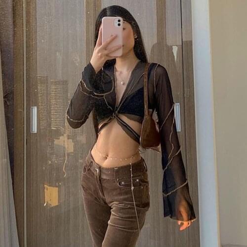 E-girl Aesthetics Mesh Black Crop Top Vintage Goth Y2K Streetwear Flare Sleeve See Through Cropped Tee Sexy Womens Fishnet Tops