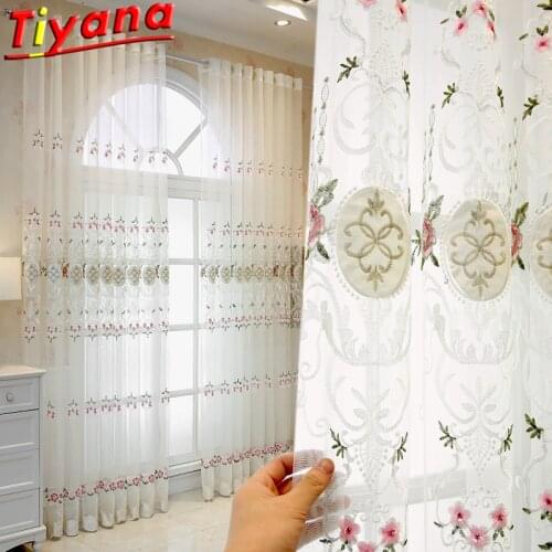 European Luxury Flowers High-Level Embroidery Tulle Curtains for Living Room White Elegant Window Screens for Balcony *VT