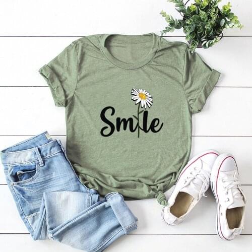 JFUNCY Plus Size Women Tops Cotton T-shirt Summer Short Sleeve Oversize Tshirt Flower Smile Print Casual Loose Female Tee Shirts