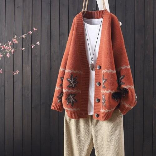 V-neck Maple Leaf Retro Knit Cardigan 2020 Fall New Loose Sweater Jacket Womens Button