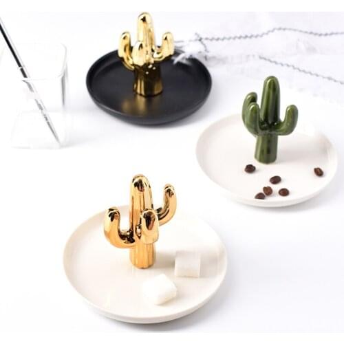 Nordic Desktop Decoration Gold-plated Cactus Ceramic Storage Trinket Dish Porcelain Ring Holder Jewelry Tray Necklace Holder
