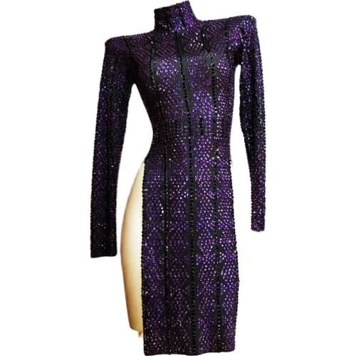Purple Full Rhinestones Dress Backless High Split Fork Dresses Sexy Cheongsam Dress Ladies Dance Costume Party Stage Wear
