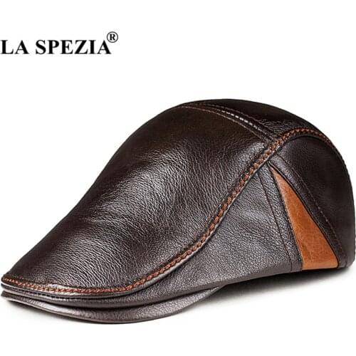 LA SPEZIA Mens Beret Cowskin Ivy Cap Genuine Leather High Quality Gatsby Autumn Winter Warm Casual Flat Cap