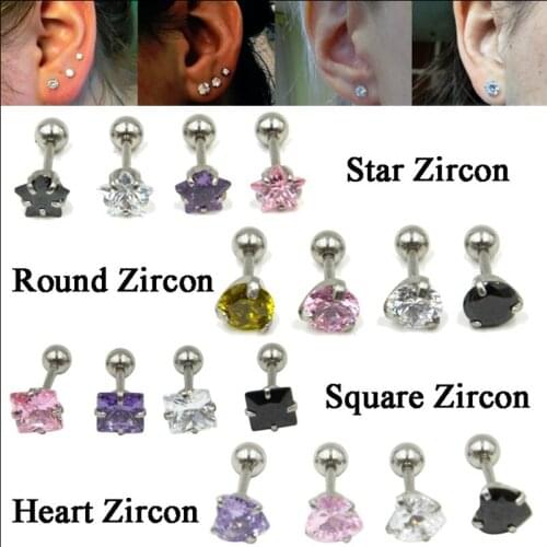 1PC Surgical Steel Prong Set Round&Star&Heart&Square Crystal Zircon Ear Cartilage Tragus Helix Piercing Stud Earring Jewelry