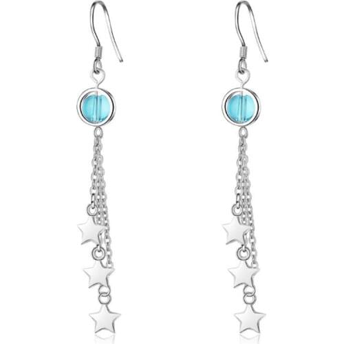 New Creative Long Blue Crystal Female Five-pointed 925 Sterling Silver Personality Star Dangle Earrings SE838