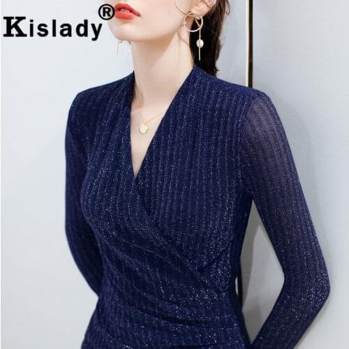 Autumn Winter Shining V-Neck Long Sleeve Gothic Women Shirt Sexy OL Tops Plus Size Harajuku Shirt Korean Vintage Striped Clothes