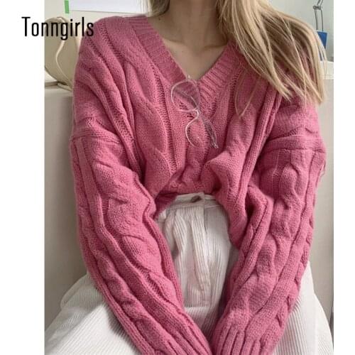 Tonngirls Autumn Knitted Sweater Women Sexy Loose V-neck Sweater Streetwear Warm Female Pullovers Knit Pullovers Candy Color