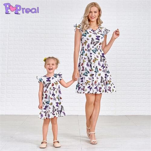 PopReal Parent-Child Outfit Fashion Print Mom Daughter Dress Family Matching Clothes Mother And Daughter Outfits Butterfly