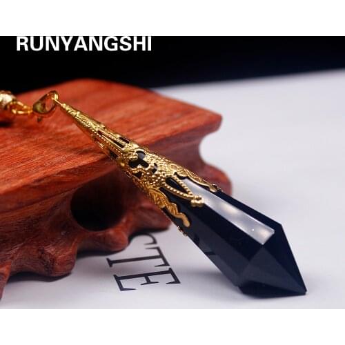 Runyangshi 1pc Natural obsidian stone pendulum charms pendant healing crystals pendule chakra for Men Women necklace
