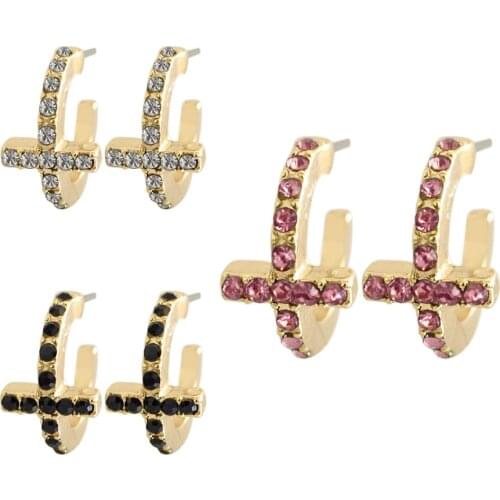 Elegant Gold Color Plating Cross Shape Black Clear Pink Stone Decorated Hoop Earrings For Women Girl Unique Chic Pretty Jewelry