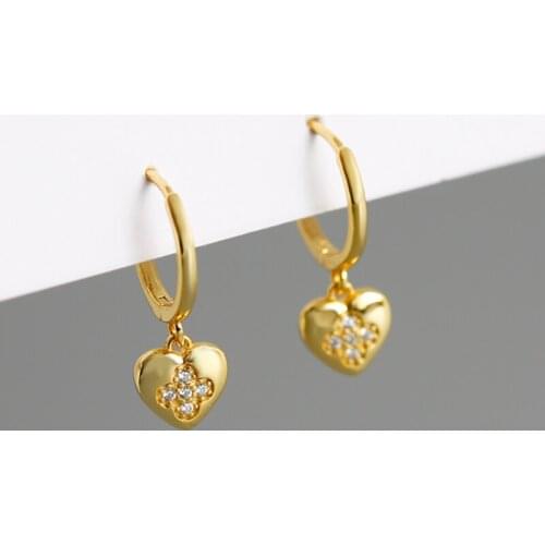 100% 925 Silver Round Circle Gold Color Four Leaf Flower Heart Zirconia Pendant Piercing Hoop Earrings Brinco Pendientes 2020