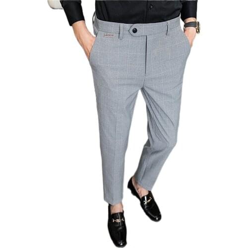 Grey Check Pants for Men, Stylish Slim Style Trousers. Design Trousers for Men, Black Embroidery Pantalones Hombre Size 28-36