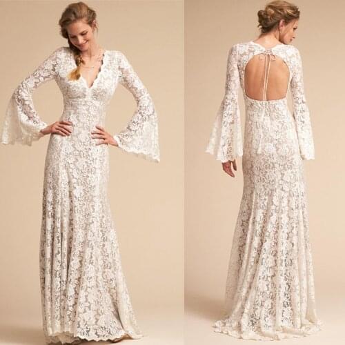 Boho Nude Champagne Wedding Dresses Chic Lantern Sleeces V Neck Ruffles Lace Mermaid Backless Bridal Gowns vestidos de noiva