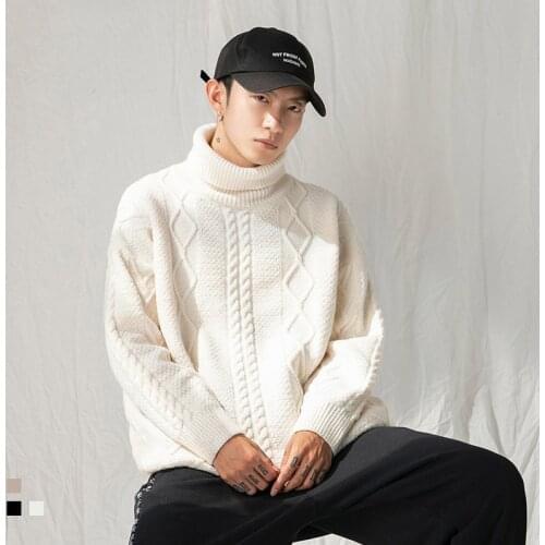 H4038 Japan Style Classic Mens Sweater Jacquard Argyle Pattern Autumn Winter Loose Long Sleeve Turtleneck Knitting Pullovers