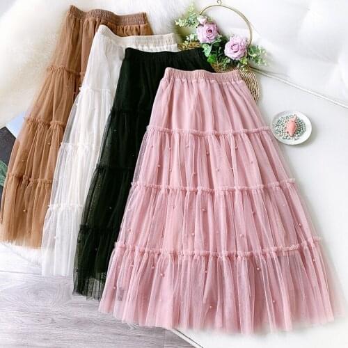 Wasteheart Spring Women Fashion Black High Waist Ruffles Pleated A-Line Ankle Length Long Skirt Mesh Clothing Ball Gown