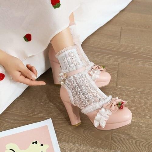 Womens Lolita Round Toe Bowknot Lace Strawberry Kawaii Cosplay Shoes Platform Block High Heel Plus Size 34-48 Mary Janes