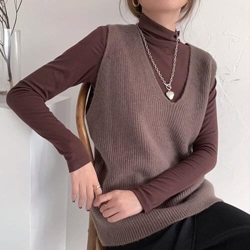 Autumn New Loose Knitted Sweater Vest Women Korean Sleeveless V Neck Pullover Sweater Solid Black Vests Winter Sweaters 15991