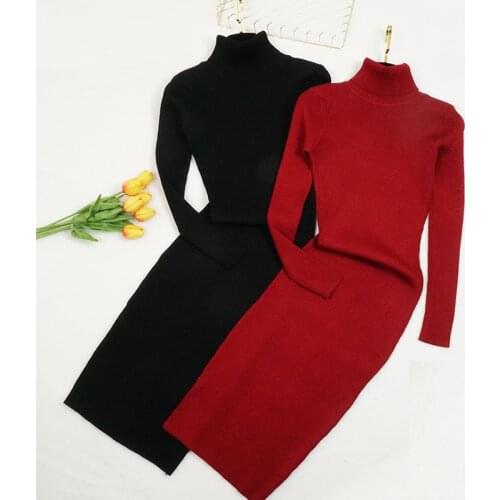 Turtleneck Women Sweater Dress Autumn Winter Thick Dresses Knee-Length Long Female Warm Dress