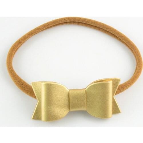 12 pcs/lot , 12 colors PU Leather Bow on Nylon Headband Leather Bow Knot Elastic Headband