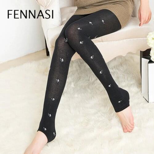 FENNASI Womens cotton striped vertical stripes bear paw print warm tights womens high waist tights high elasticity