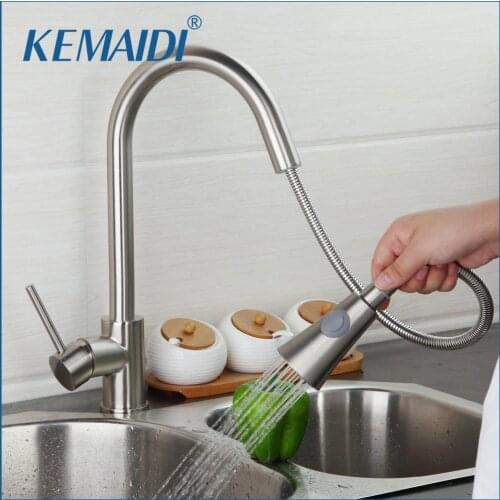 KEMAIDI Perfect Brushed Nickel Solid Brass Kitchen Faucet Pull Out Spray Deck Mounted Sink Mixer Taps Single Handle Faucet