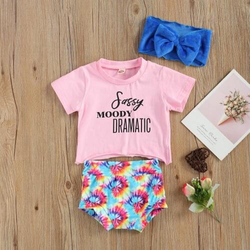 0-24M Cute Girl Clothing Summer 3pcs Set Letter Print Short Sleeve Shirt Tie Dyed Shorts Bow Hair Band for Infants