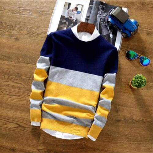 Mens autumn fashion casual crochet stripe color block thin knit sweater pullover sweater mens jersey clothes