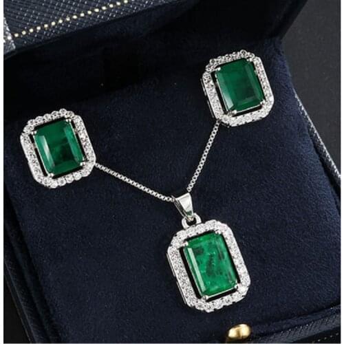 QTT Rectangle Emerald Tourmaline Gemstone Jewelry Sets 925 Sterling Silver Elegant Necklace Earrings Engagement Set For Women