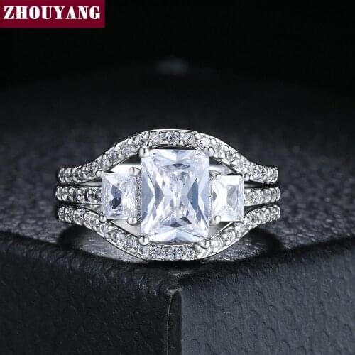 ZHOUYANG Wedding Ring Sets For Women Luxury 3 Rounds Square Cut Big Cubic Zirconia Silver Color Gift Fashion Jewelry YG009