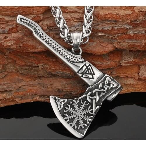 [316 Stainless Steel] Nordic Double-sided Viking Tomahawk Odin Triangle Guardian Awe Helmet Mens and Womens Pendant Necklace