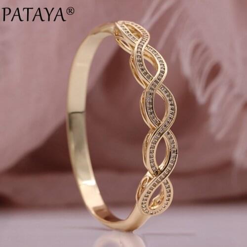 PATAYA New Romantic Women Luxury Bangles 585 Rose Gold Wedding Geometric Fashion Jewelry Vintage Natural Zircon Hollow Bangle