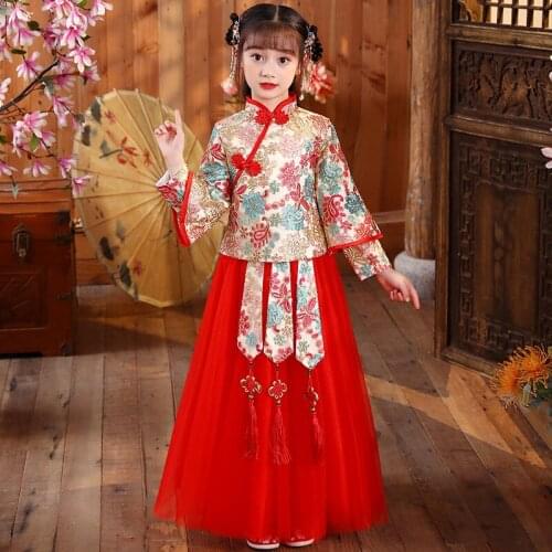 Autumn And Winter Hanfu Girls' Chinese Style Embroidered Clothing Stage Costume New Years Dress Evening Wedding Party Dress