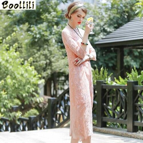 Boollili Real Silk Dress Women Summer Dress Korean Embroidery Midi Beach Dress Elegant Party Dresses Woman Vestidos Mujer