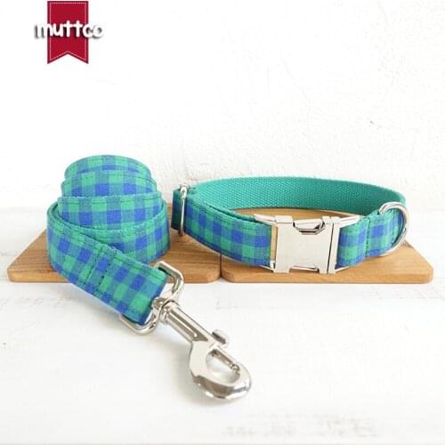 MUTTCO security training pet strap THE BLUE GREEN PLAID flexible dog collar and leash set for small large dog UDC073