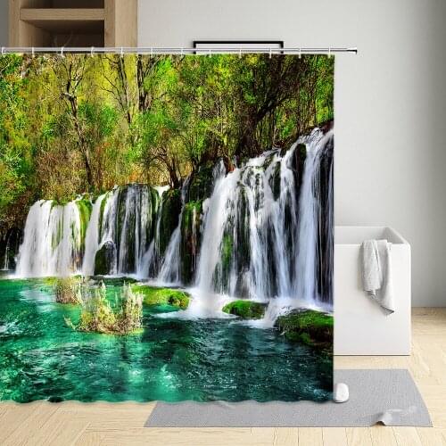 Natural Waterfall Shower Curtain Forest Stone Mountain Green Plant Scenery Pattern Bathroom Decor Polyester Cloth Curtains Sets