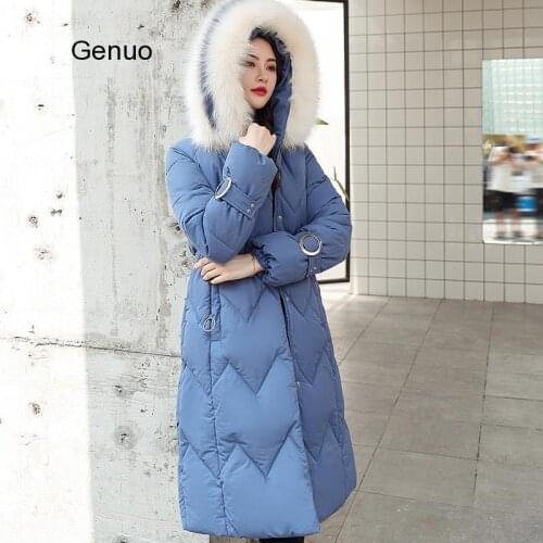 Womens Long Cotton Jacket With Big Fur Collar Overcoat Winter Clothes Korean Style Lace-up Slim-fitting Plus Cotton Jacket Wome
