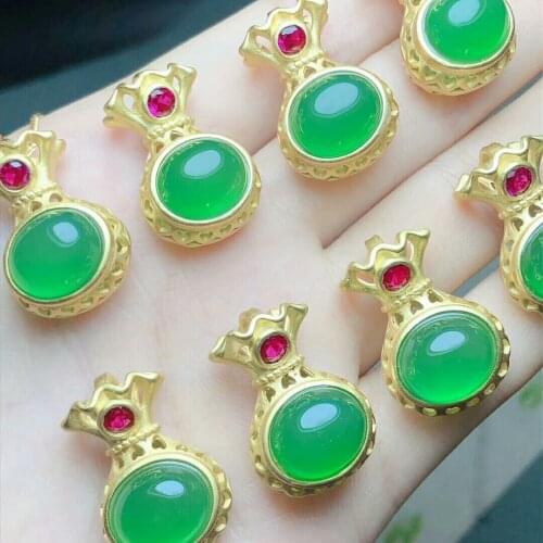 925 New Fashion Mascot Blessing Bag Pendant Simulation Green Chalcedony Hibiscus Stone Plated Gold Necklace For Women Jewelry