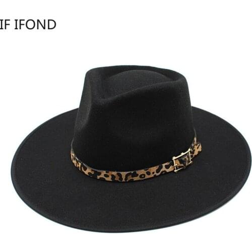 2021 New style Wool Fedora Hat For Women Chapeau Black Wide Brim Top Jazz Cap Fashion leopard Felt Church Cap