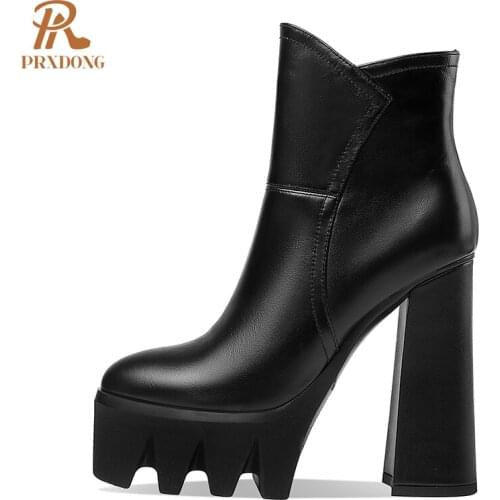 New Winter Punk Boots Top Quality Genuine Leather Women Ankle Boots High Heels Platform Female Shoes Zipper Solid Pointed Toe