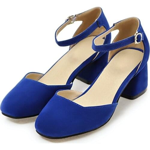 AGODOR Block Heel Pumps Buckle Ankle Strap Women Shoes Medium Heels Square Toe Office Work Shoes Woman Blue Black Beige Big Size