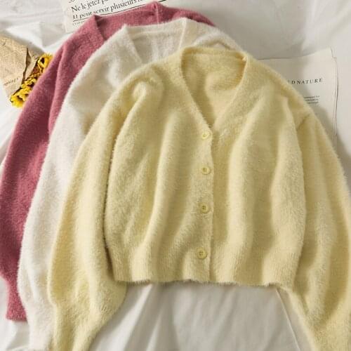 2021 Autumn Winter Cropped Sweater Women Single-breasted Long-sleeved Mohair Cardigan Woman Loose V-neck Sweater Korean Tops