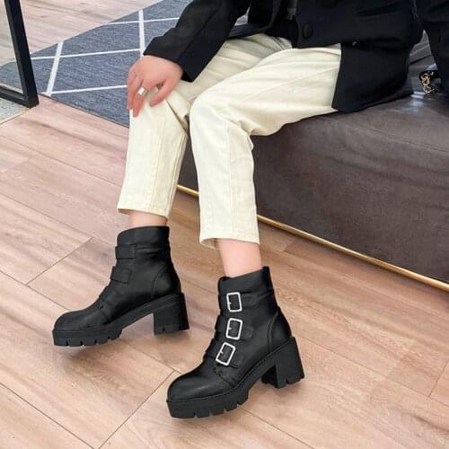 2020 solid black white platform chunky high heels womens shoes winter motorcycle ankle boots for woman buckle strap martin boots