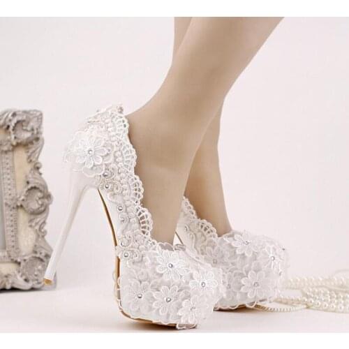 2018 New Style Ultra High Heel Formal Shoes Beautiful Satin Flower Bridesmaid ShoesWhite Lace Chiffon Bridal Shoes Platform