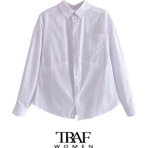 TRAF Za Women Fashion With Pocket Oversized White Blouses Vintage Long Sleeve Button-up Female Shirts Chic Tops