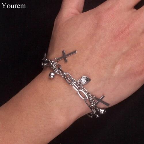 YOUREM stainless steel heart cupid bracelet for women hiphop punk bell cross charm bracelets jewelry girls gifts